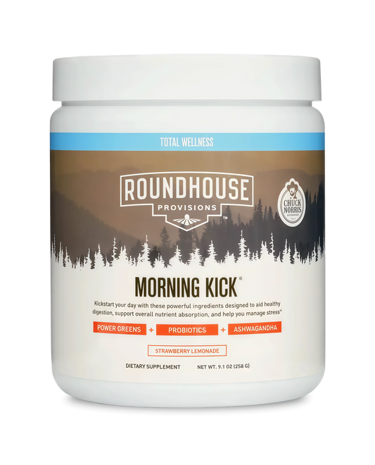 ROUNDHOUSE PROVISION Morning Kick Greens, Strawberry Lemonade, 30 Servings Greens Superfood Powder for Gut Health, Sugar Free, Caffeine Free, Ashwagandha, Collagen Peptides, Probiotics, Chuck Norris